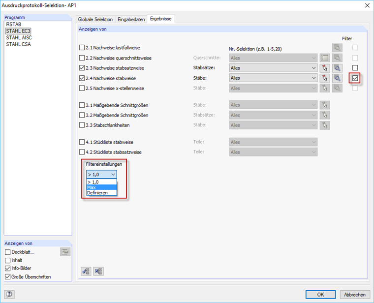 Option de filtre dans le rapport d'impression