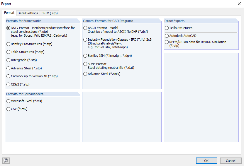 Interfaces d'exportation RSTAB