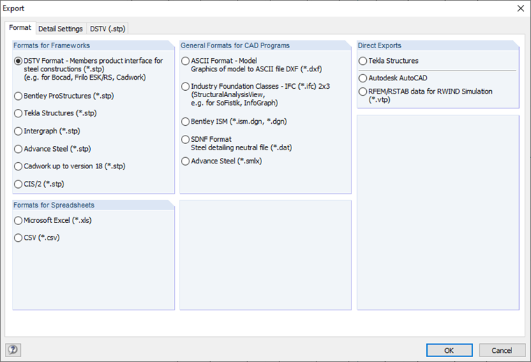 Interfaces d'exportation RSTAB