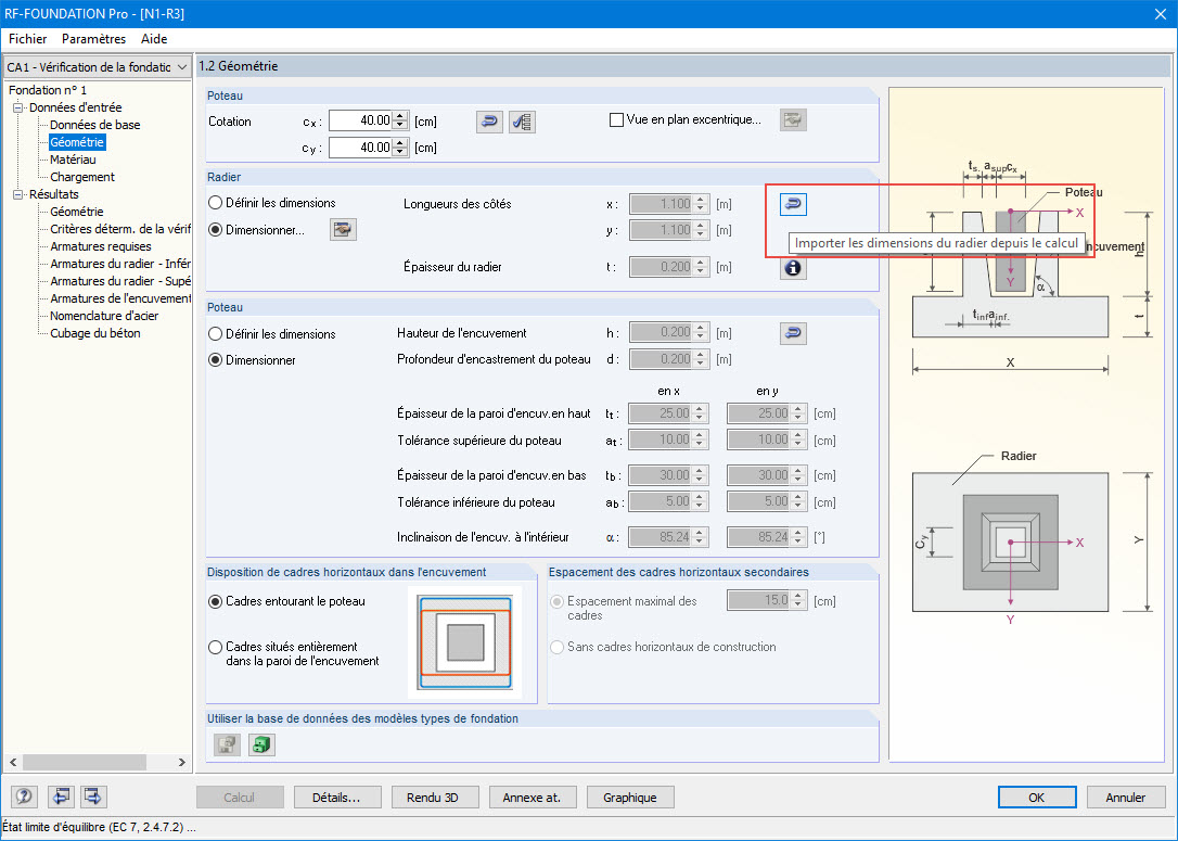 Bouton pour importer les dimensions du calcul précédent