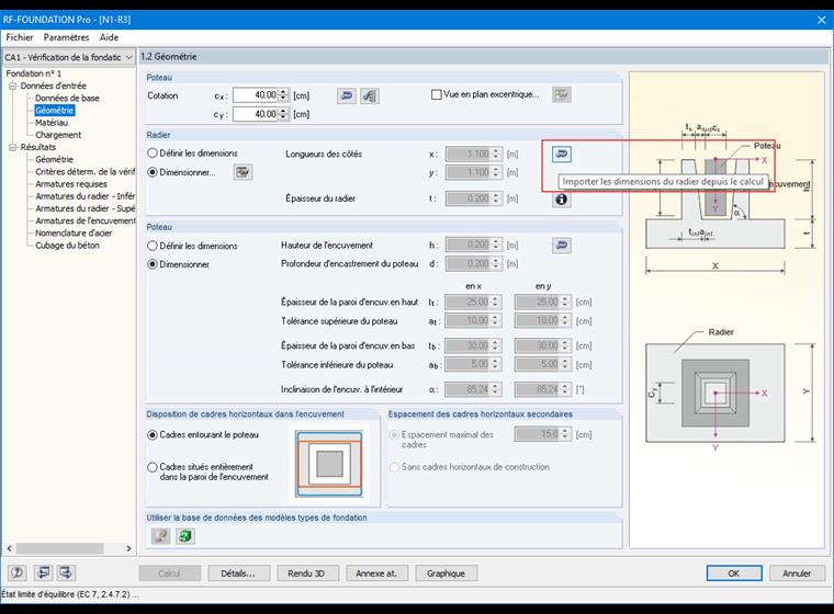 Bouton pour importer les dimensions du calcul précédent