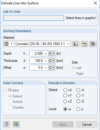 Extrude la ligne dans la surface
