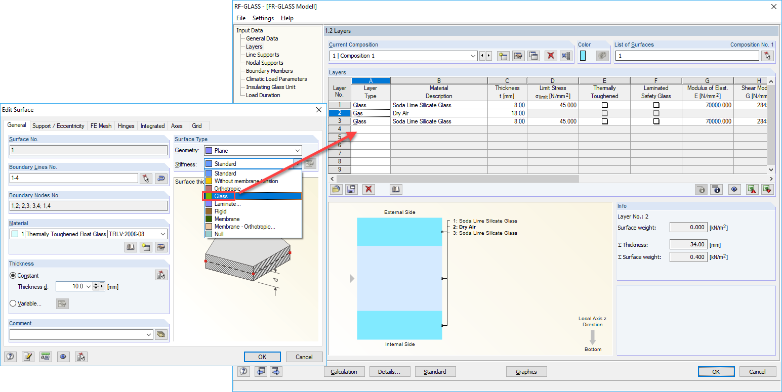 Type de surface « Verre » dans RFEM et définition de la structure des couches dans RF-GLASS