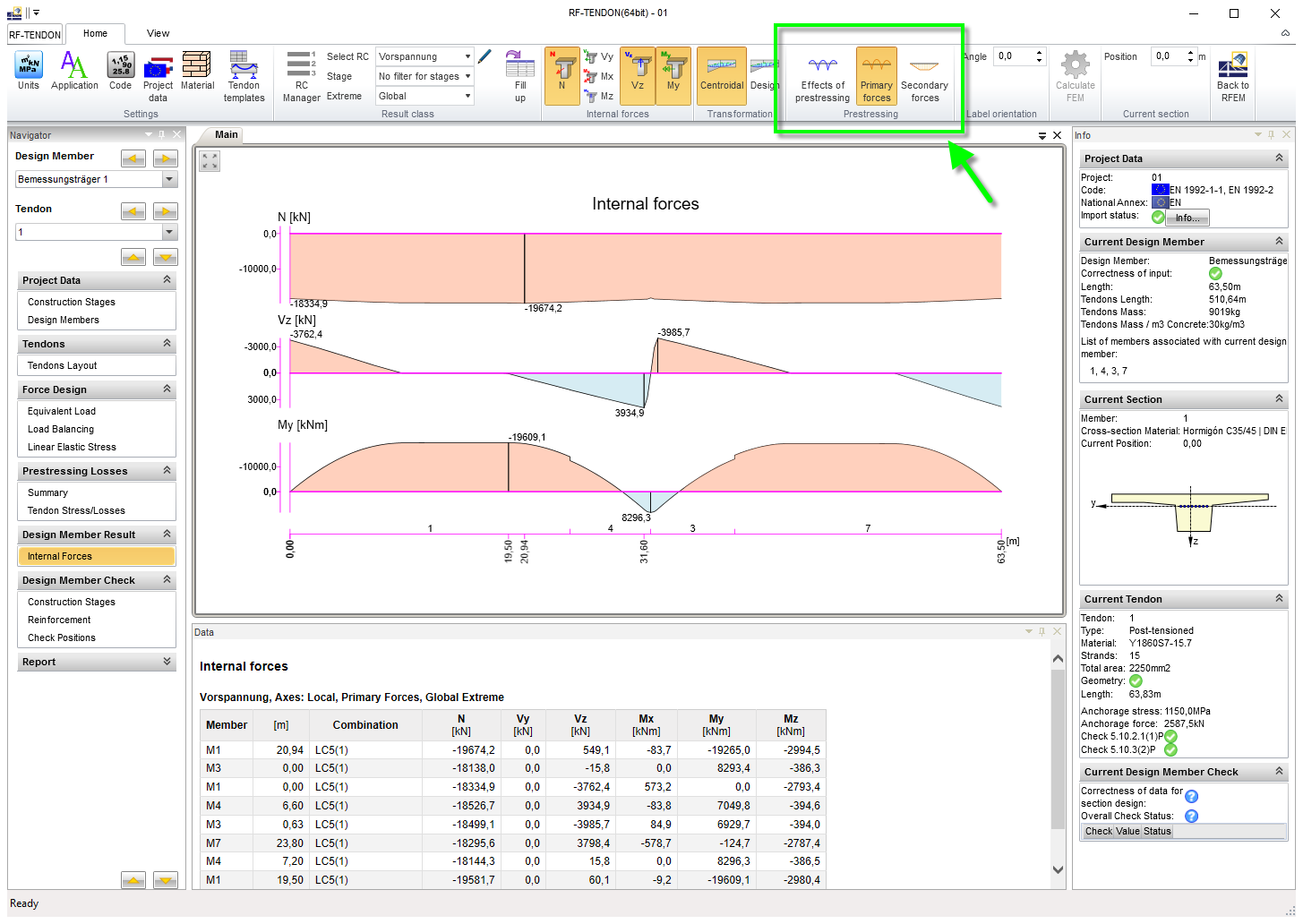 Affichage des efforts primaires et secondaires de la précontrainte