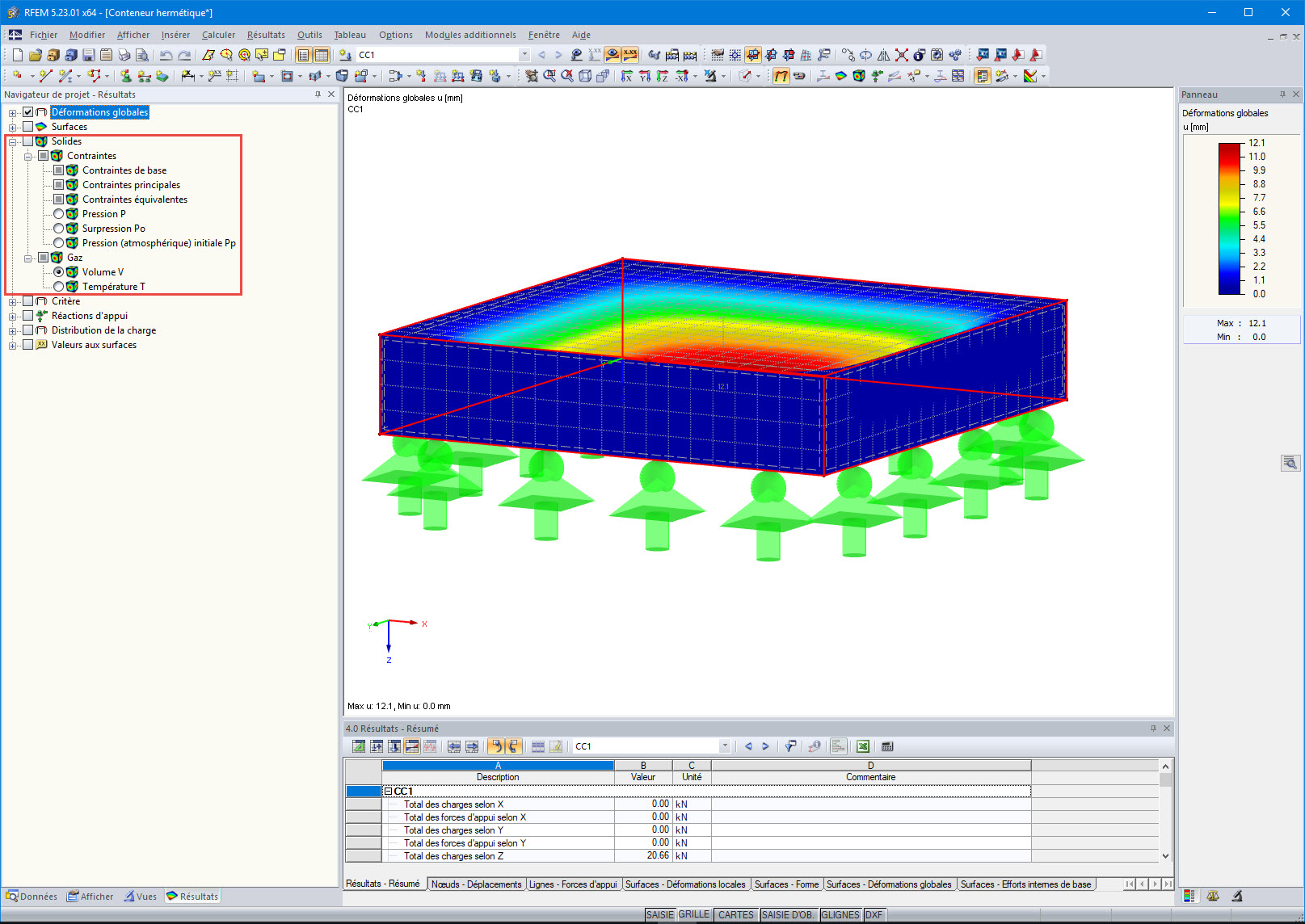 Modèle avec résultats des déformations globales