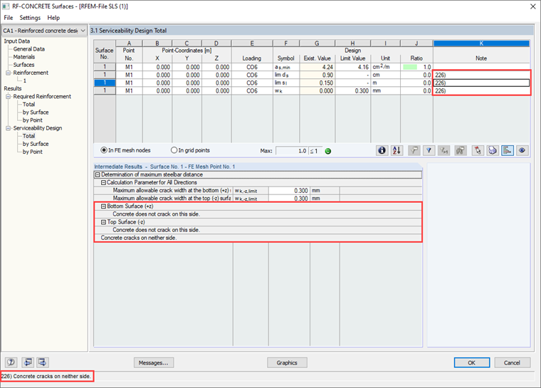 Message n° 226 dans la fenêtre de résultats dans RF-CONCRETE Surfaces