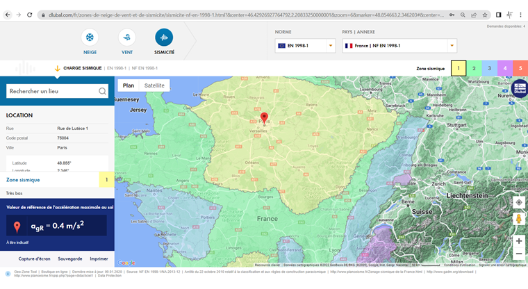 Service en ligne « Outil de géolocalisation : cartes des zones de neige, de vent et de sismicité »