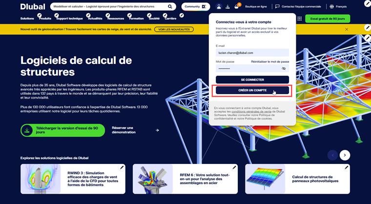 Pour commander et utiliser ensuite les cartes de charges, il est nécessaire de disposer d'un compte. Si vous n'êtes pas encore client de Dlubal Software, vous devez créer un compte.
