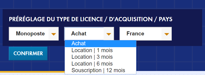préréglage du type de licence/d'acquisition