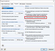 Options du programme : Ne pas afficher les messages d’avertissement avant le calcul