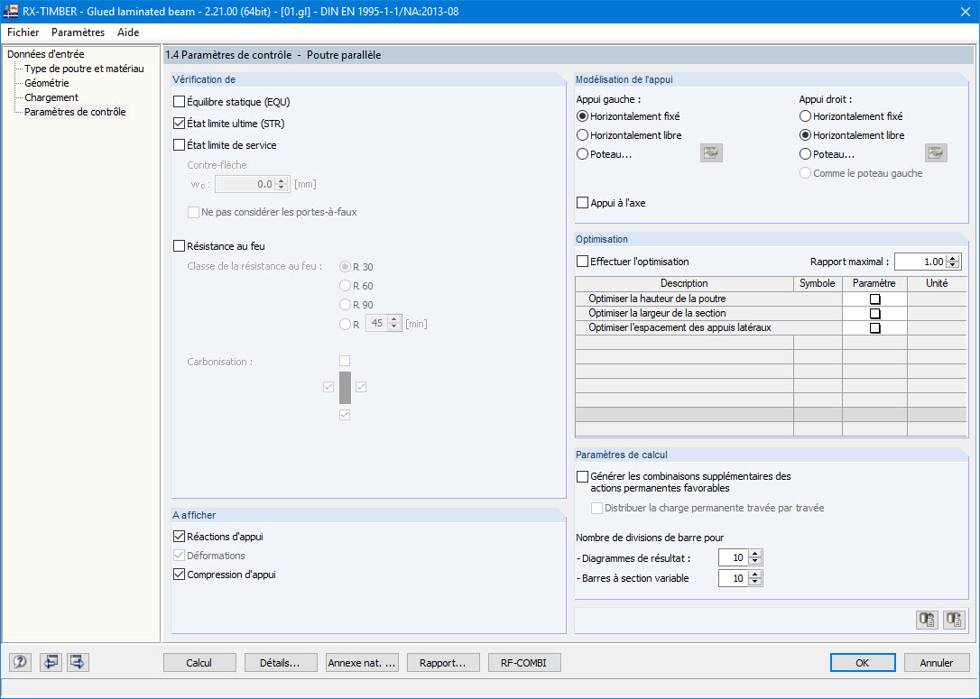 Paramètres de contrôle de RX-TIMBER