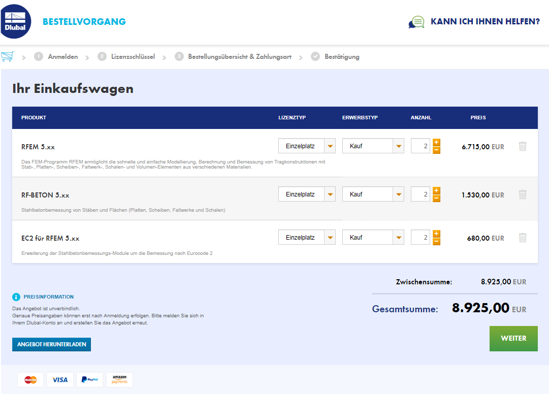 Achat dans la boutique en ligne Dlubal avec première et seconde licences d'un groupe de produits