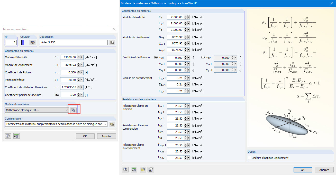 Boîte de dialogue pour la saisie du modèle de matériau plastique orthotrope