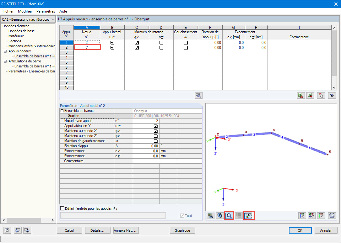 Affichage de l’ensemble de barres actuel avec numérotation des nœuds