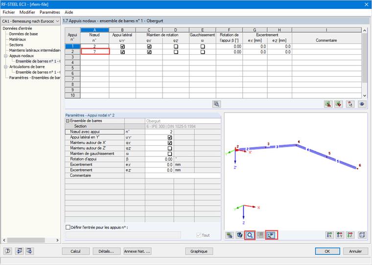 Affichage de l’ensemble de barres actuel avec numérotation des nœuds