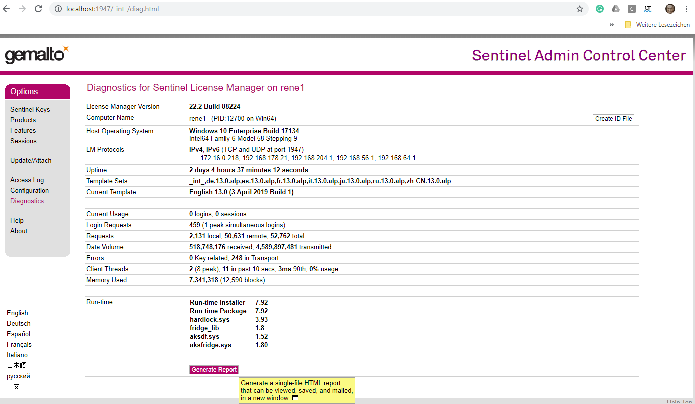 Création du rapport de diagnostic dans l’Admin Control Center