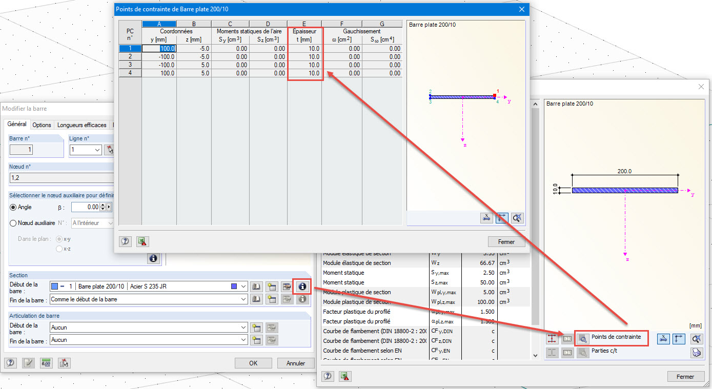 Points de contrainte de la barre plate
