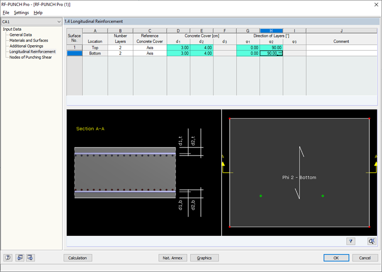 Boîte de dialogue 1.4 avec la position de l’armature longitudinale