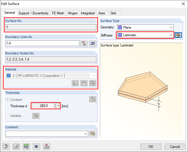 Boîte de dialogue « Modifier la surface » de la surface n°1 avec la rigidité de RF-LAMINATE [*S14647729*]