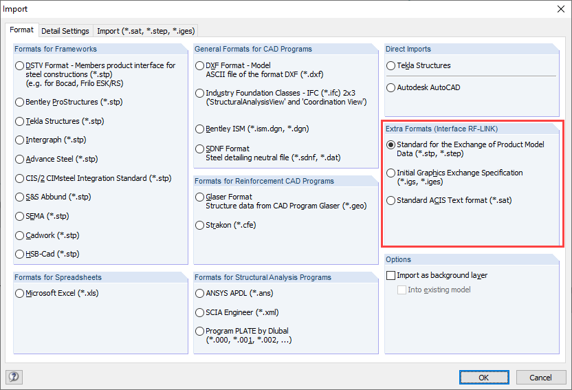 Options d’importation supplémentaires via le module RF-LINK