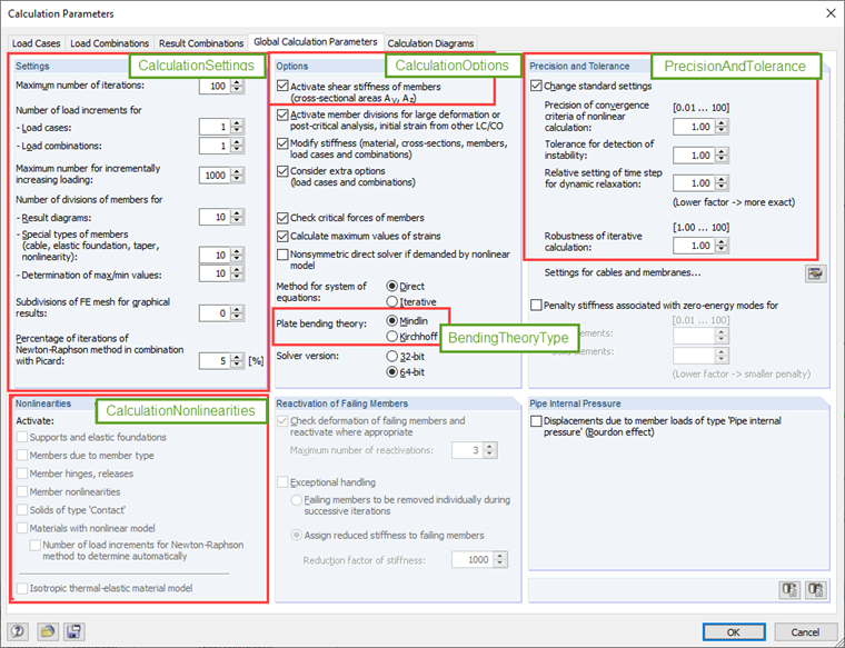Options sélectionnées pour modifier les paramètres de calcul via l'nterface COM