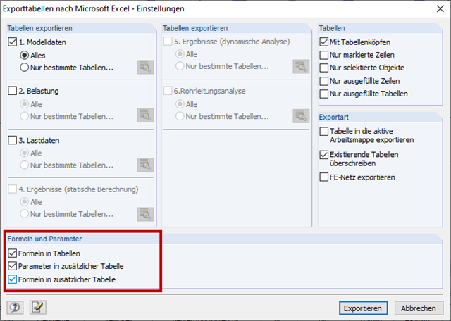 Exporter des tableaux vers Microsoft Excel - Paramètres