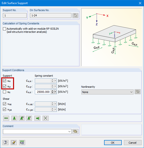 Appui fixe dans la direction x et y de la surface