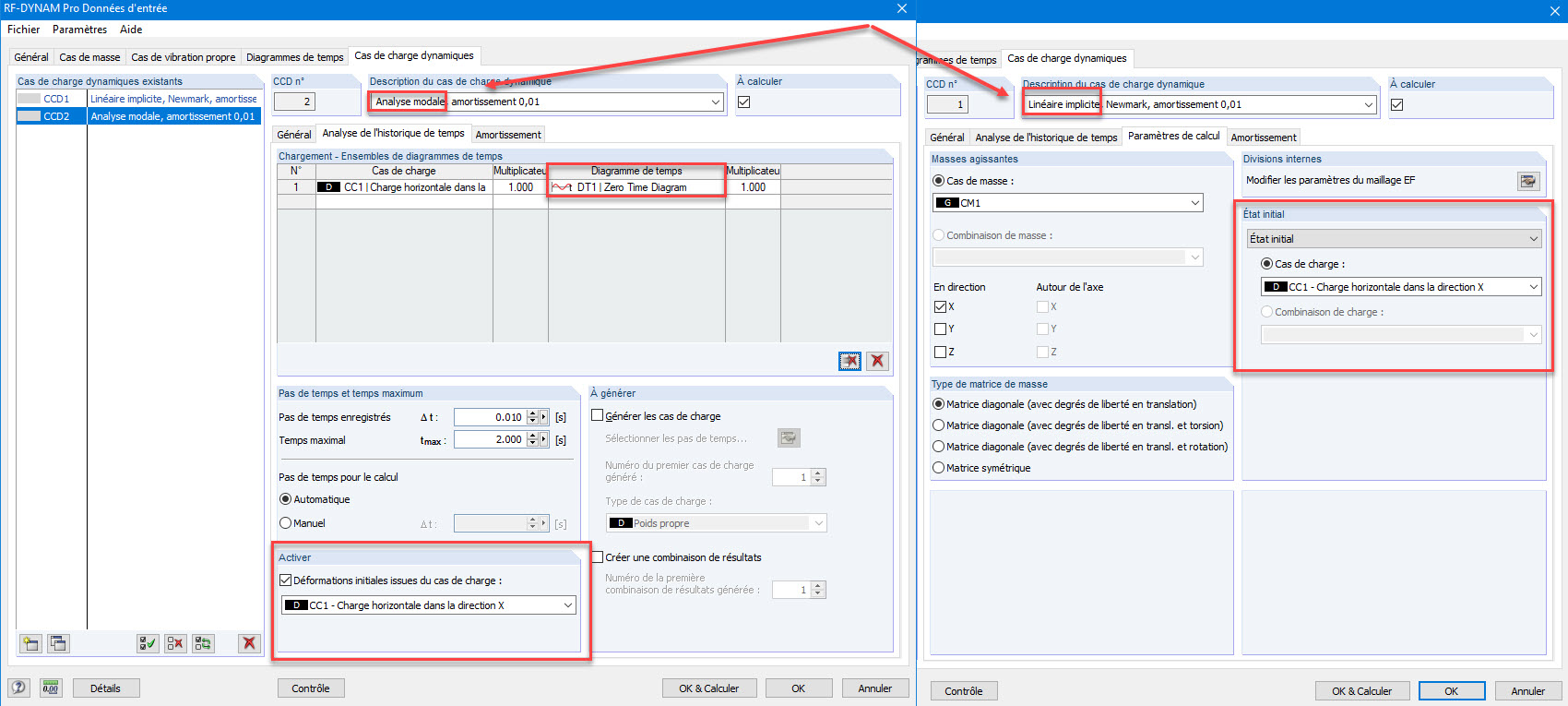 Activation des déformations initiales et de l'état initial dans les cas de charge dynamiques