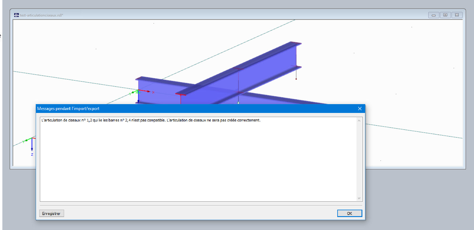 Message pendant l’import/export avec des articulations ciseaux mal définies