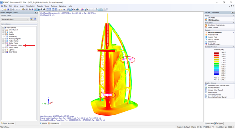 Résultats max/min sur le modèle avec pression surfacique