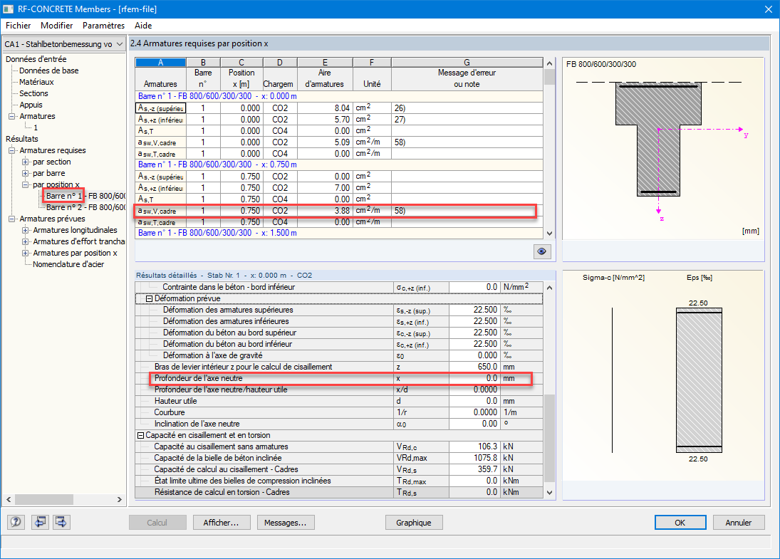 Profondeur de l'axe neutre dans la fenêtre « 2.4 Armatures requises par position x »