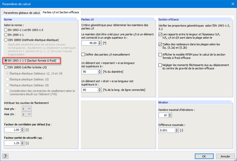 Paramètres de calcul
