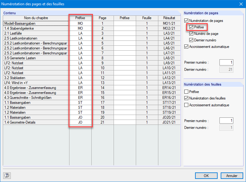 Paramètres détaillés avancés