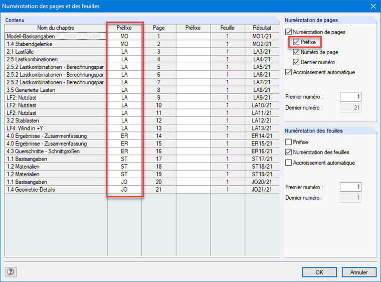 Paramètres détaillés avancés