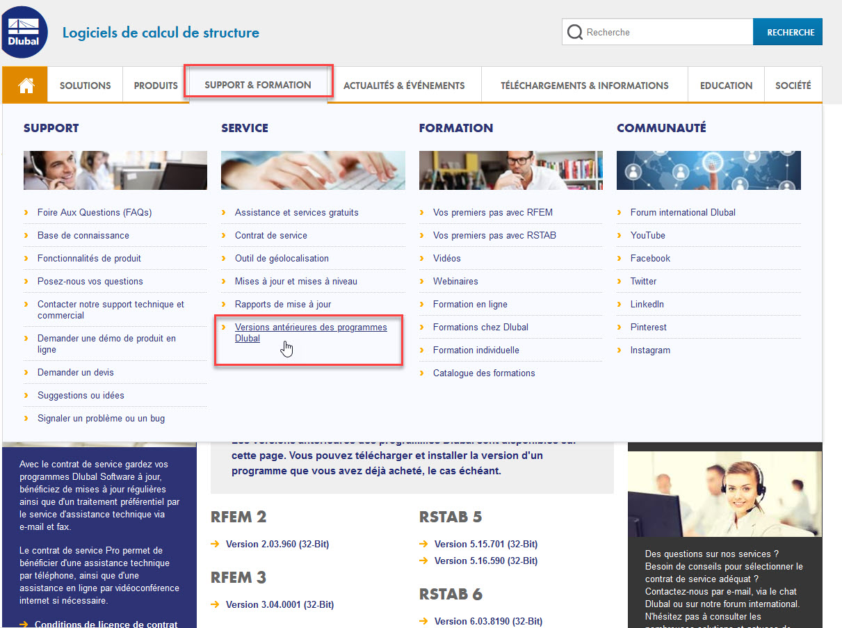 Versions antérieures des logiciels sur le site Web de Dlubal