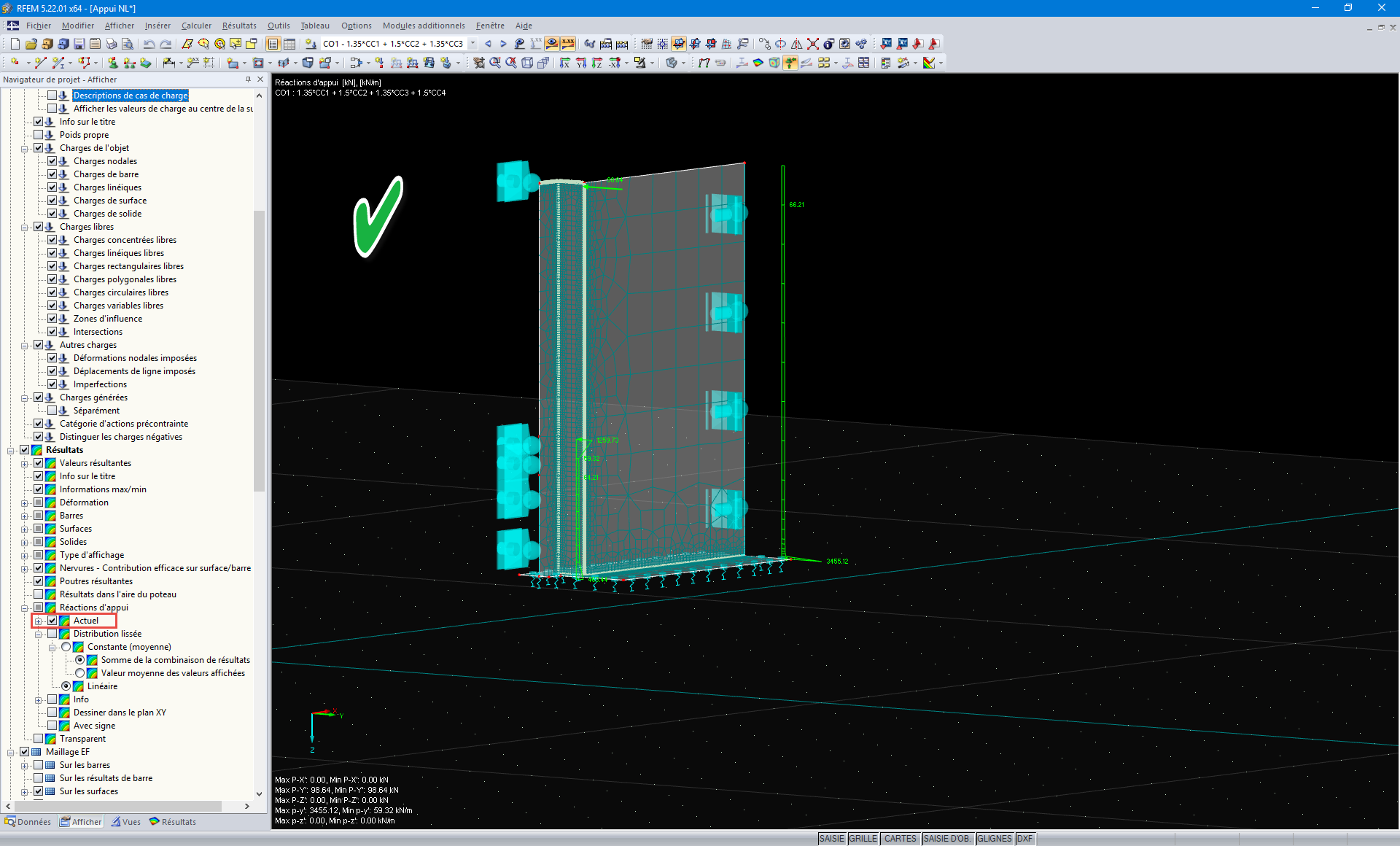 Paramétrage correct de l'affichage des résultats pour les réactions d'appui non linéaires