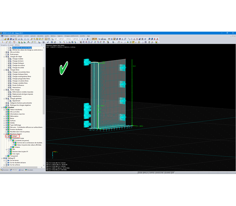 Paramétrage correct de l'affichage des résultats pour les réactions d'appui non linéaires
