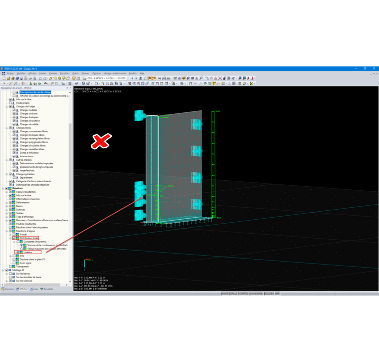 Paramétrage incorrect de l'affichage des résultats pour les réactions d'appui non linéaires