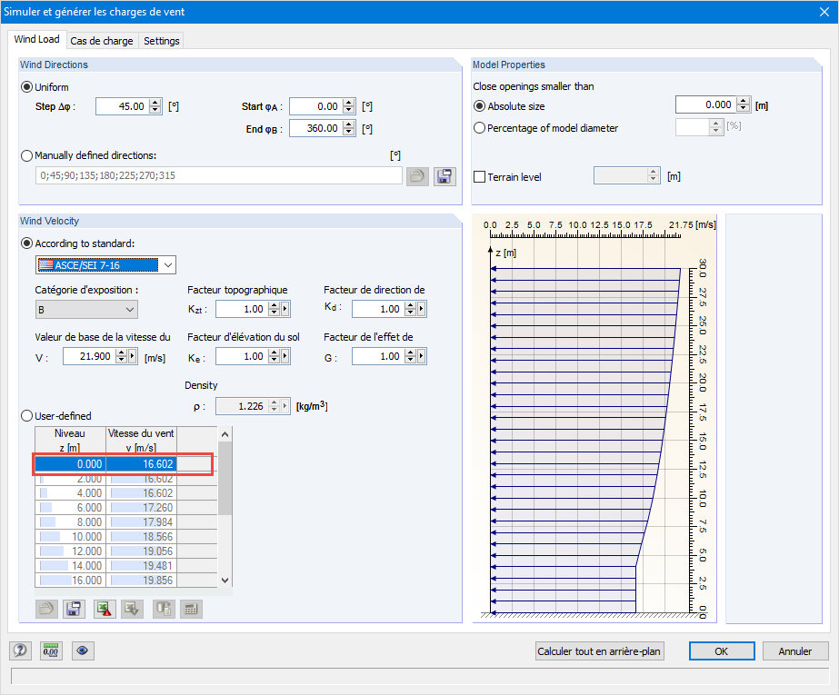 RWIND Simulation - Profil de la vitesse du vent