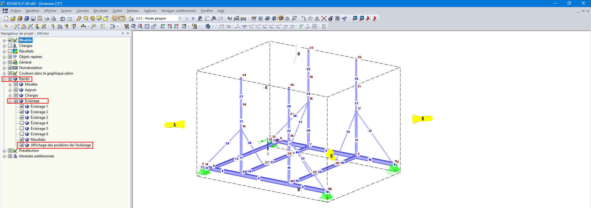 Affichage des positions de l'éclairage