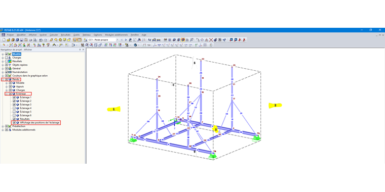 Affichage des positions de l'éclairage