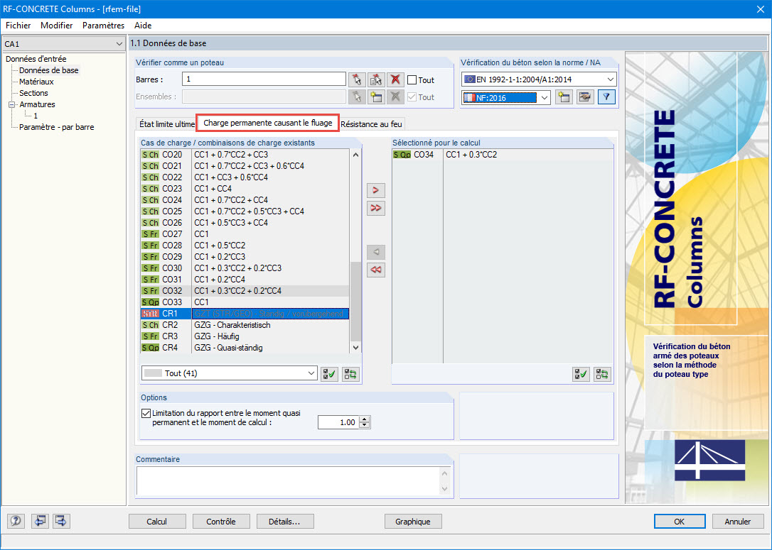 Fenêtre 1.1 Données de base avec l'onglet Charge permanente causant le fluage