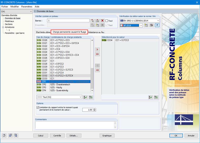 Fenêtre 1.1 Données de base avec l'onglet Charge permanente causant le fluage