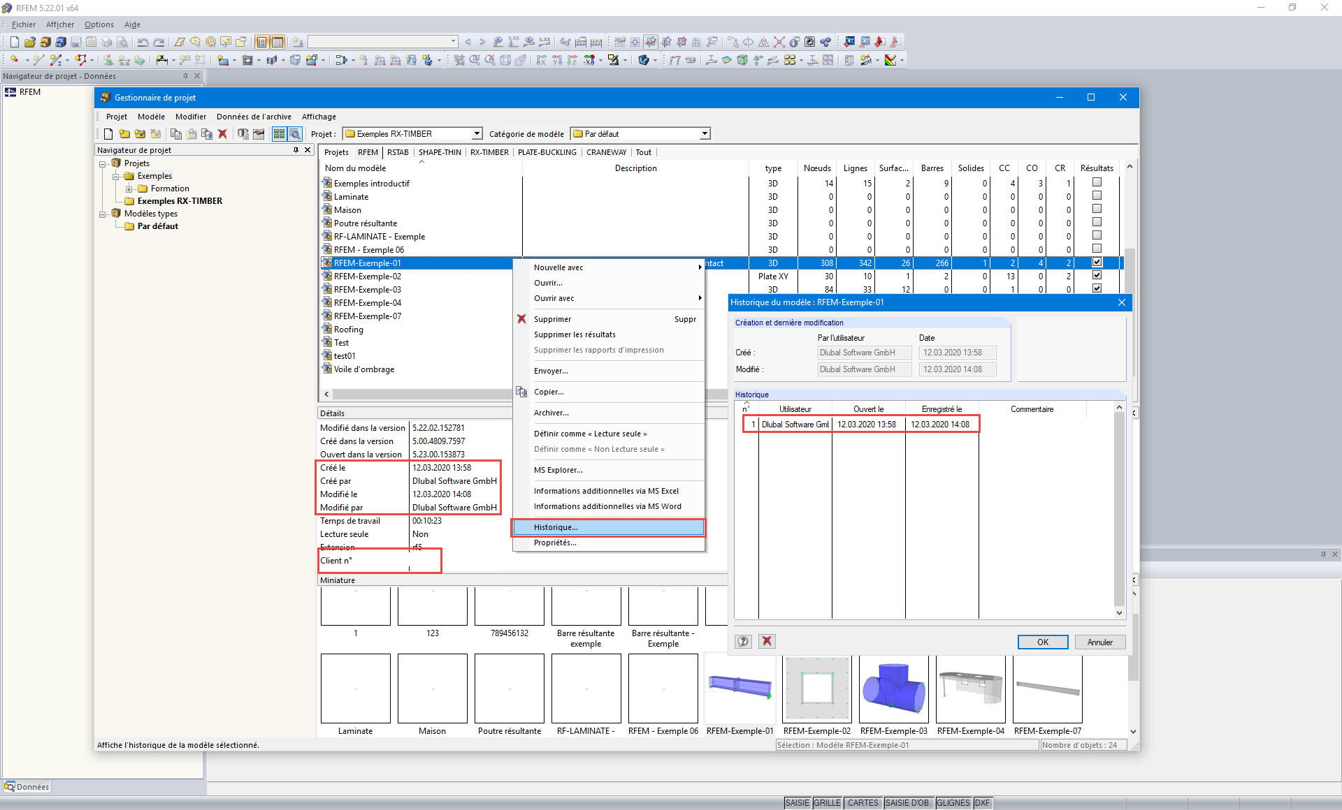 Historique du modèle dans le Gestionnaire de projet