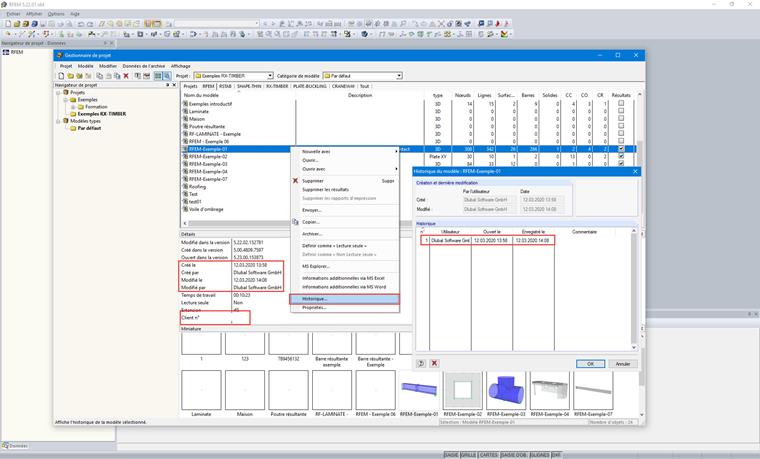Historique du modèle dans le Gestionnaire de projet
