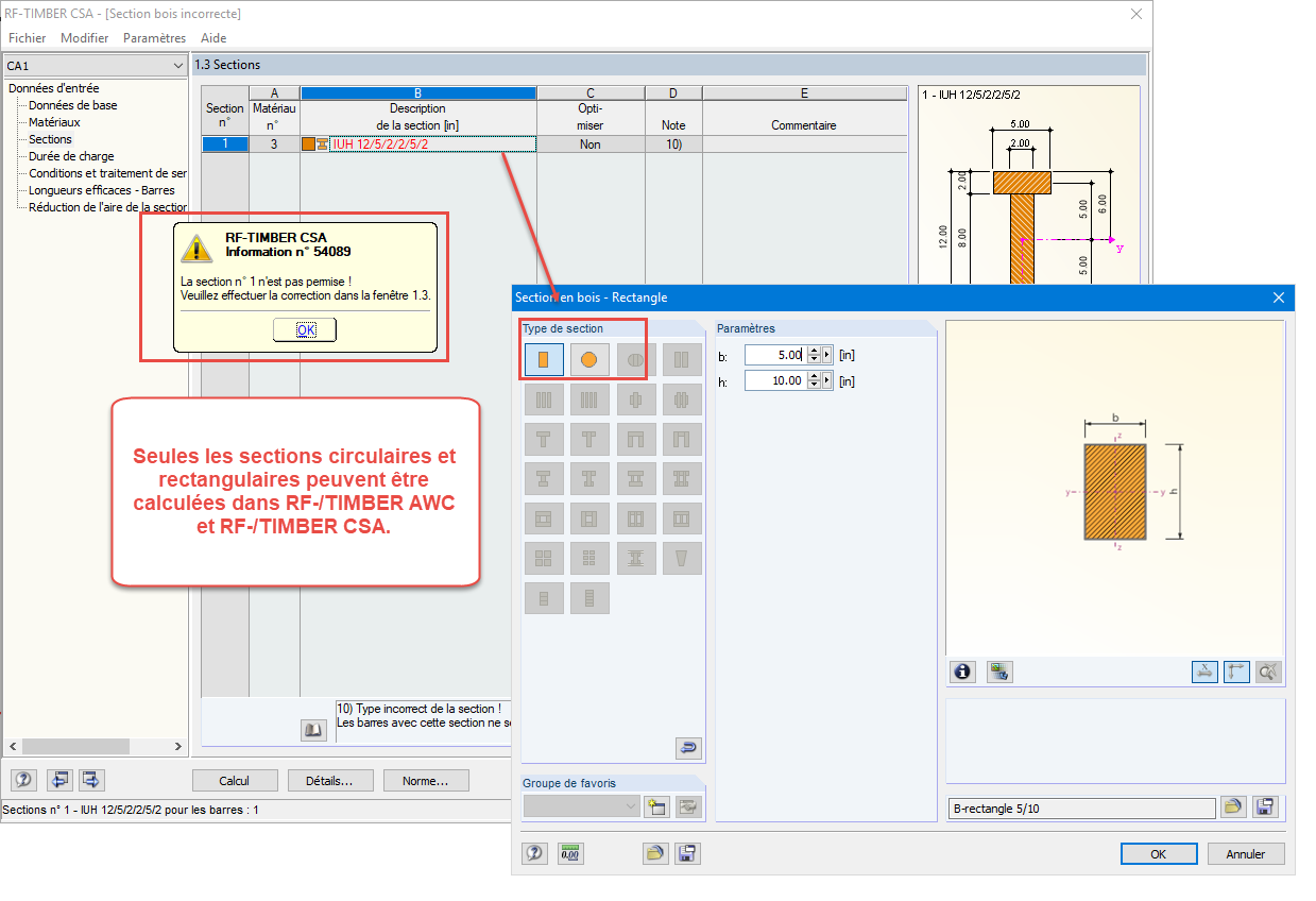 Options de calcul de section dans RF-/TIMBER AWC et RF-/TIMBER CSA