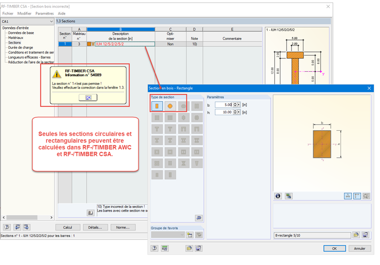 Options de calcul de section dans RF-/TIMBER AWC et RF-/TIMBER CSA
