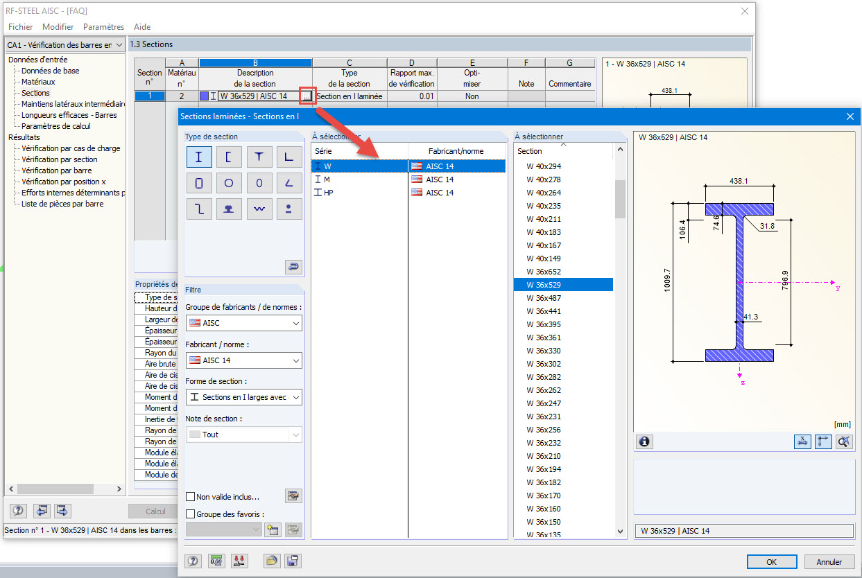 Modification manuelle des sections pour optimisation