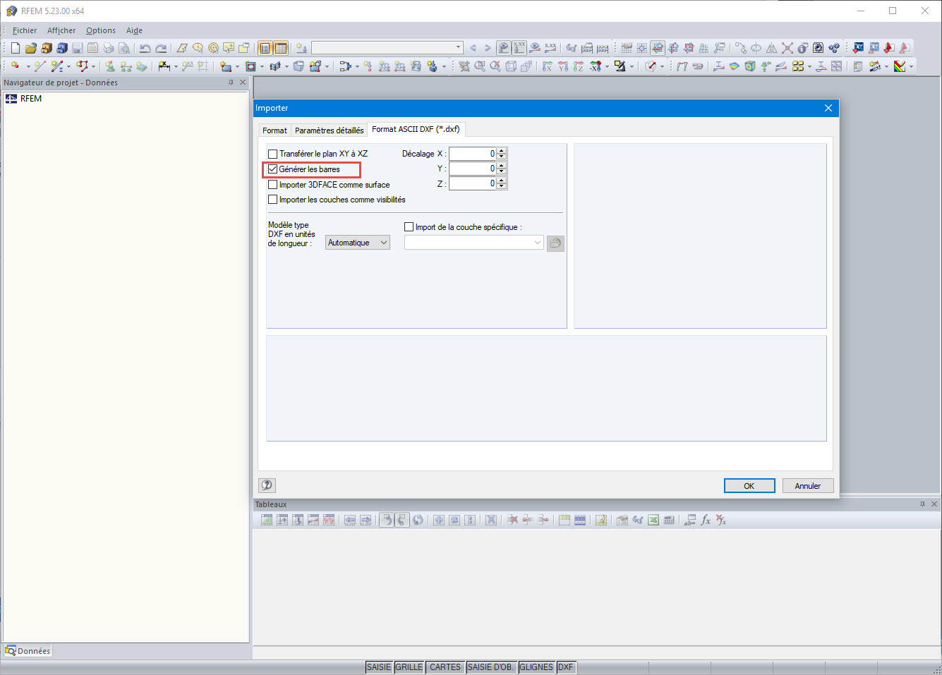 Boîte de dialogue Importer, onglet Format ASCII DXF (*.dxf)