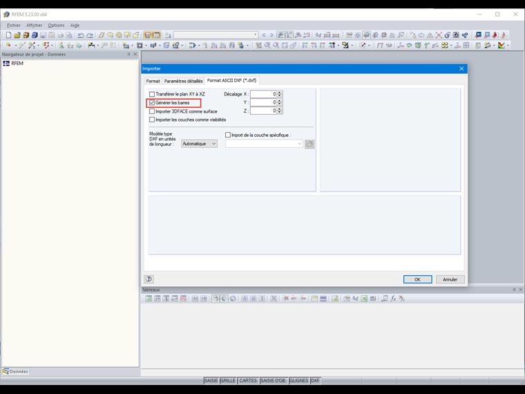 Boîte de dialogue Importer, onglet Format ASCII DXF (*.dxf)